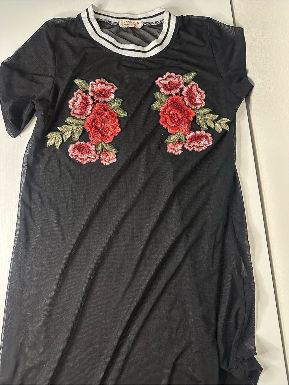 Embroidered Black Mesh Tunic with Red Floral Appliqué